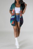 Navy Blue Casual Print Patchwork Zipper Collar Short Sleeve Dress
