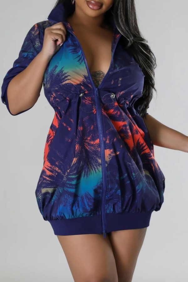Navy Blue Casual Print Patchwork Zipper Collar Short Sleeve Dress