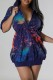 Navy Blue Casual Print Patchwork Zipper Collar Short Sleeve Dress