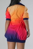 Navy Blue Casual Print Patchwork Zipper Collar Short Sleeve Dress