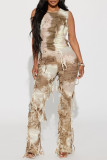 Black Street Tie Dye Tassel Patchwork Zipper O Neck Regular Jumpsuits