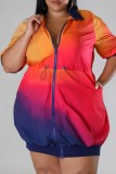 Navy Blue Casual Print Patchwork Zipper Collar Short Sleeve Dress