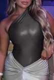 Blue Sexy Solid Patchwork Reflective Oblique Collar Skinny Bodysuits