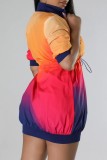 Navy Blue Casual Print Patchwork Zipper Collar Short Sleeve Dress