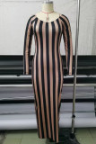 Coffee Sexy Striped Patchwork Backless Slit O Neck One Step Skirt Dresses