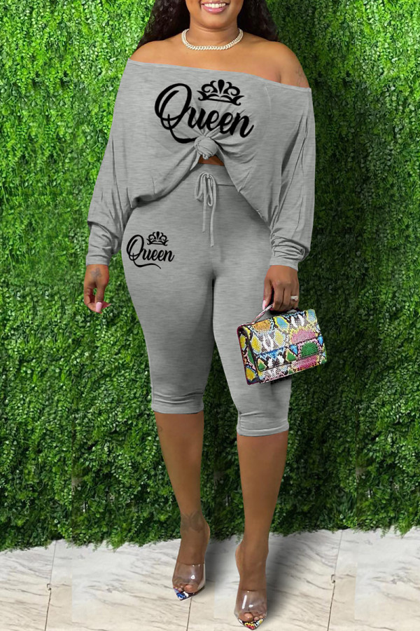 Grey Casual Print Basic Off the Shoulder Long Sleeve Two Pieces
