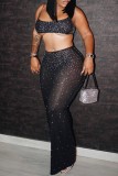 Black Sexy Hot Drilling See-through Backless Spaghetti Strap Sleeveless Two Pieces