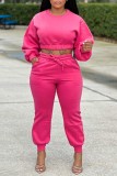 Pink Casual Solid Patchwork O Neck Long Sleeve Two Pieces