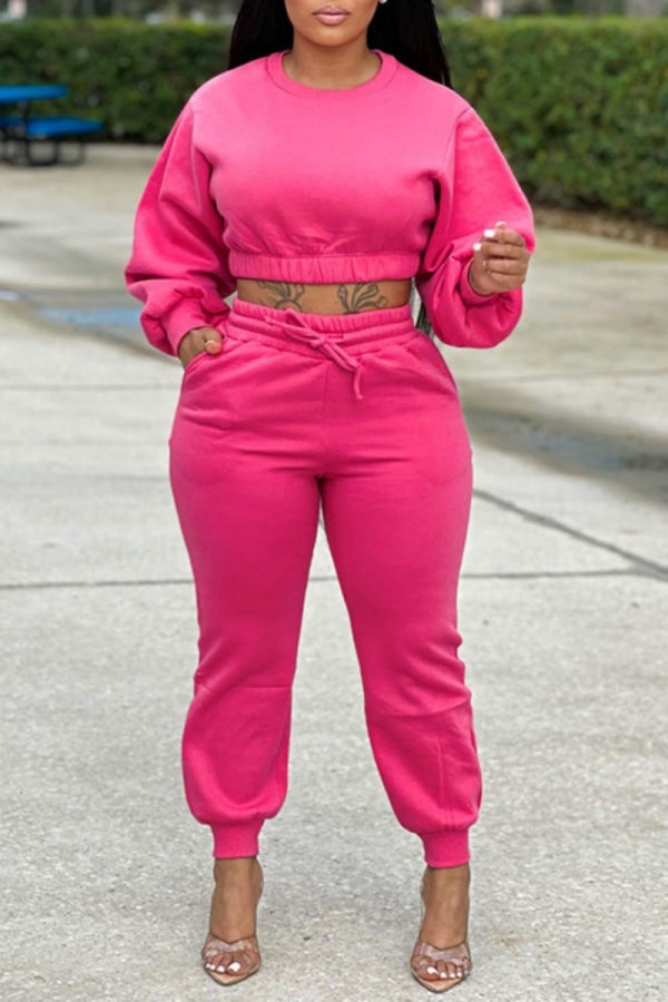 Rose Red Casual Solid Patchwork O Neck Long Sleeve Two Pieces