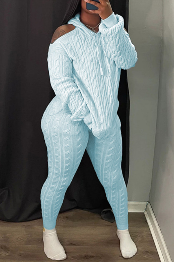 Light Blue Casual Solid Backless Hooded Collar Long Sleeve Two Pieces
