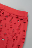 Red Sexy Solid Ripped Hollowed Out O Neck Short Sleeve Two Pieces