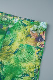 Green Casual Print Basic O Neck Long Sleeve Two Pieces