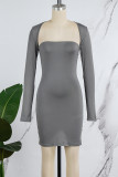 Grey Sexy Casual Solid Patchwork Square Collar Wrapped Skirt Dresses