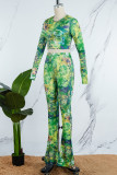 Green Casual Print Basic O Neck Long Sleeve Two Pieces