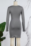 Grey Sexy Casual Solid Patchwork Square Collar Wrapped Skirt Dresses