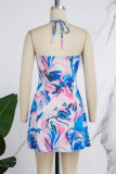 Purple Sexy Print Bandage Backless Halter Sleeveless Dress Dresses