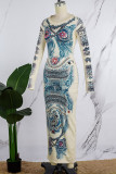 Khaki Casual Print Basic O Neck Long Sleeve Dresses