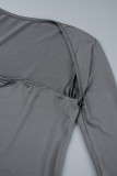 Grey Sexy Casual Solid Patchwork Square Collar Wrapped Skirt Dresses
