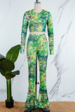 Green Casual Print Basic O Neck Long Sleeve Two Pieces