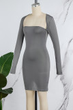 Grey Sexy Casual Solid Patchwork Square Collar Wrapped Skirt Dresses