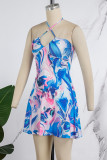 Purple Sexy Print Bandage Backless Halter Sleeveless Dress Dresses
