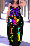 Multicolor Casual Print Backless Spaghetti Strap Long Dress Dresses