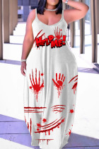 White Red Casual Print Backless Spaghetti Strap Long Dress Dresses