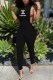 Black Sexy Print Letter Turndown Collar Jumpsuits