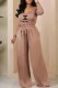 Light Brown Casual Print Letter U Neck Long Sleeve Two Pieces