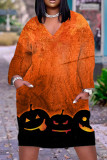 Orange Casual Print V Neck Long Sleeve Dresses