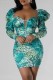 Green Casual Print Patchwork Square Collar Long Sleeve Dresses