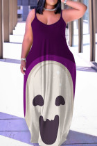 Purple Casual Print Backless Spaghetti Strap Long Dress Dresses