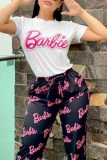 Pink Casual Print Letter O Neck Short Sleeve Two Pieces