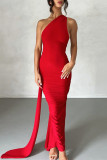 Rose Red Sexy Solid Backless Oblique Collar Long Dress Dresses
