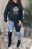 Black Vintage Print Patchwork O Neck Tops