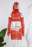 Red Street Color Lump Tassel Hollowed Out Patchwork Turtleneck Sleeveless Two Pieces(With Oversleeve)
