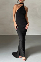 Black Sexy Solid Backless Oblique Collar Long Dress Dresses
