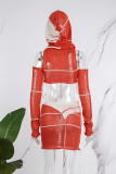 Red Street Color Lump Tassel Hollowed Out Patchwork Turtleneck Sleeveless Two Pieces(With Oversleeve)