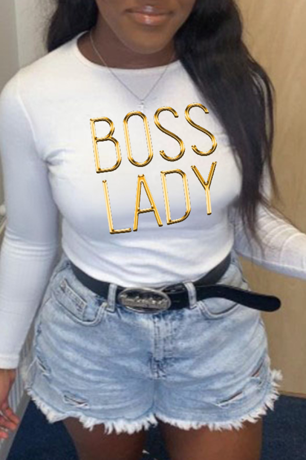 White Street Print Letter O Neck Tops