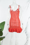 Rose Red Sexy Solid Hollowed Out Patchwork Flounce Spaghetti Strap One Step Skirt Dresses