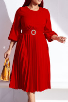 Red Casual Elegant Solid Patchwork Fold With Belt O Neck Straight Dresses(Contain The Belt)