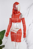 Red Street Color Lump Tassel Hollowed Out Patchwork Turtleneck Sleeveless Two Pieces(With Oversleeve)