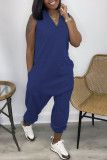 Navy Blue Casual Solid Patchwork V Neck Straight Jumpsuits