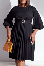Black Casual Elegant Solid Patchwork Fold With Belt O Neck Straight Dresses(Contain The Belt)