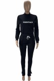 Black Street Print Slit Letter O Neck Long Sleeve Two Pieces