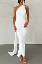 White Sexy Solid Backless Oblique Collar Long Dress Dresses