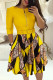Yellow Elegant Plaid Geometric Striped Patchwork With Belt Printing Zipper O Neck A Line Dresses