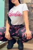 Pink Casual Print Letter O Neck Short Sleeve Two Pieces