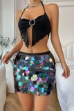 Black Sexy Patchwork Sequins Frenulum Skinny Mid Waist Conventional Patchwork Bottoms