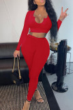 Red Casual Street Solid Patchwork V Neck Long Sleeve Two Pieces